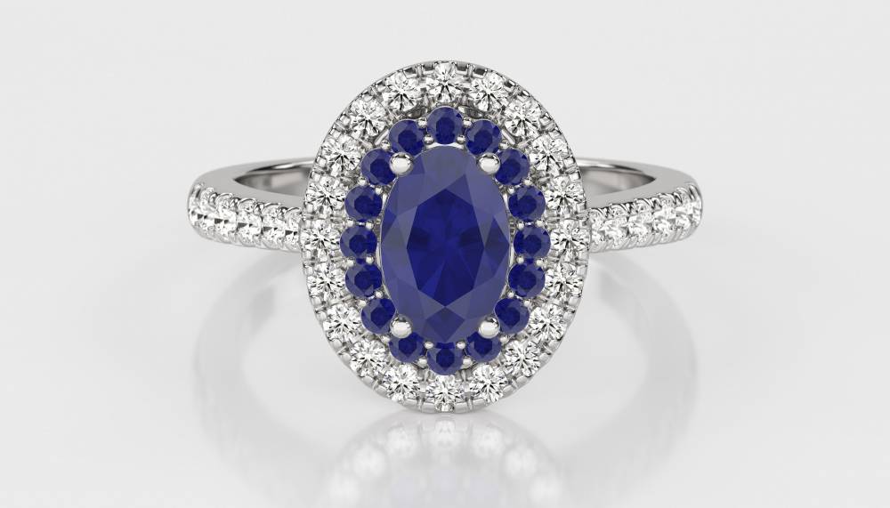 1.90ct Blue Sapphire Double Halo Oval Ring. W