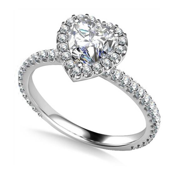0.75ct VS1/G Natural Heart Shaped Diamond Single Halo Shoulder Set Ring in 18k White Gold