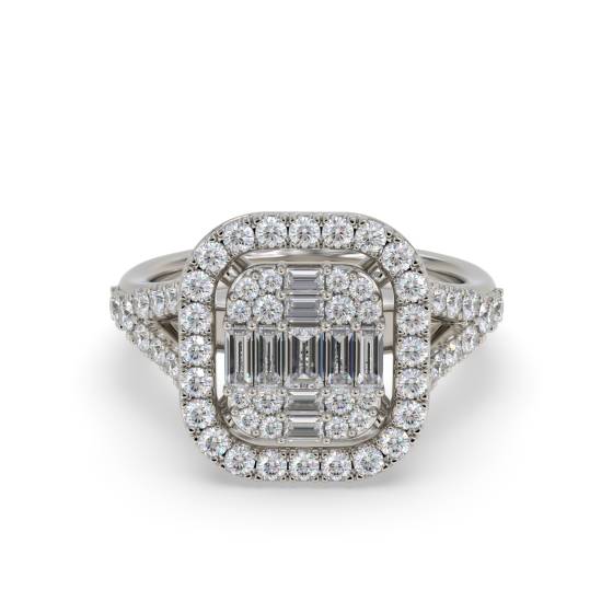 Modern Round and Baguette Diamond Halo Cluster Ring