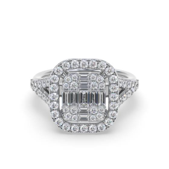 Modern Round and Baguette Diamond Halo Cluster Ring