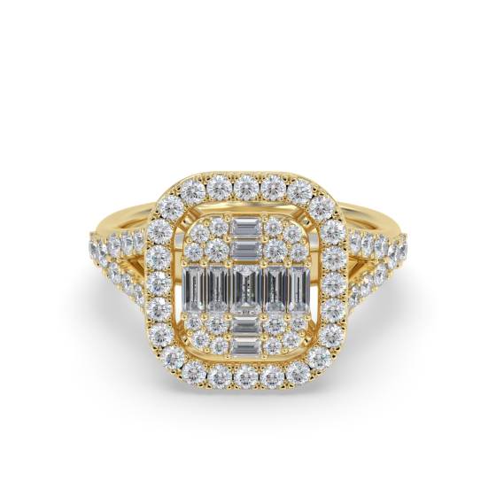 Modern Round and Baguette Diamond Halo Cluster Ring