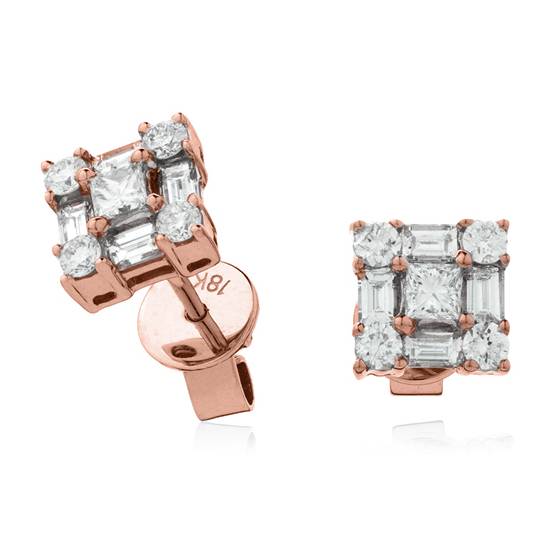 Classic Round and Baguette Diamond Cluster Earrings