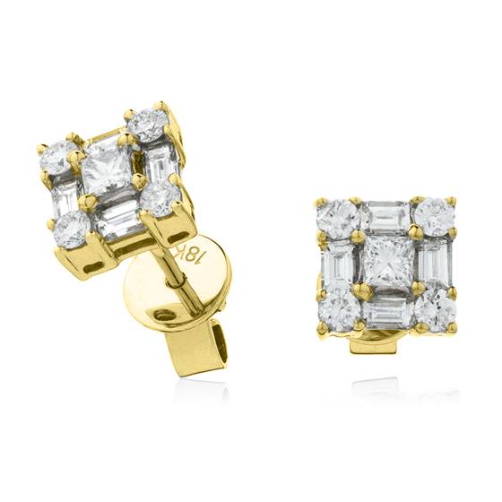 Classic Round and Baguette Diamond Cluster Earrings