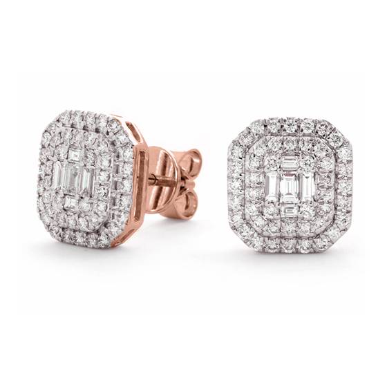 Classic Round and Baguette Diamond Cluster Earrings