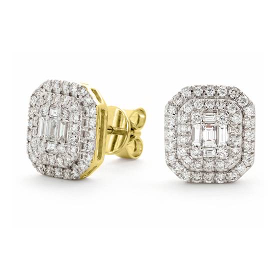 Classic Round and Baguette Diamond Cluster Earrings