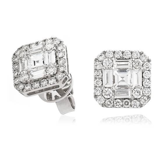 Classic Round and Baguette Diamond Cluster Earrings