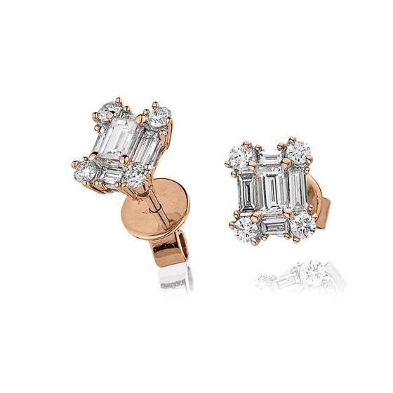 Classic Round and Baguette Diamond Cluster Earrings