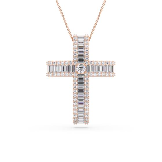 Classic Round and Baguette Diamond Cross Pendant
