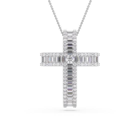 Classic Round and Baguette Diamond Cross Pendant