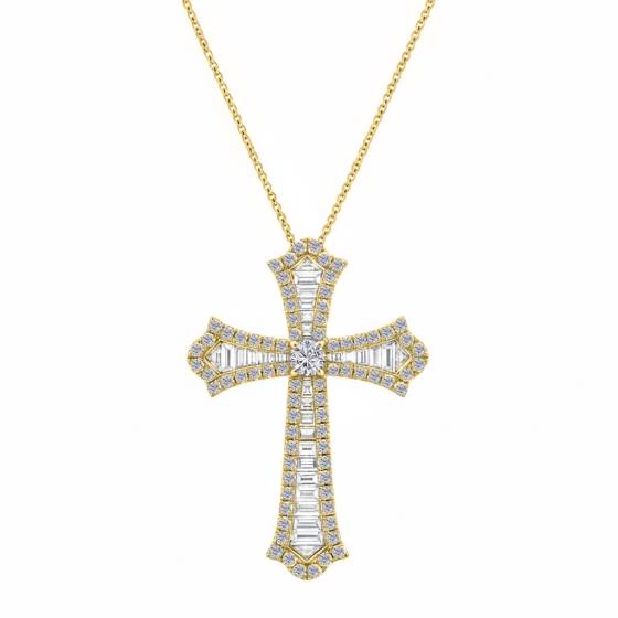 Classic Round and Baguette Diamond Cross Pendant