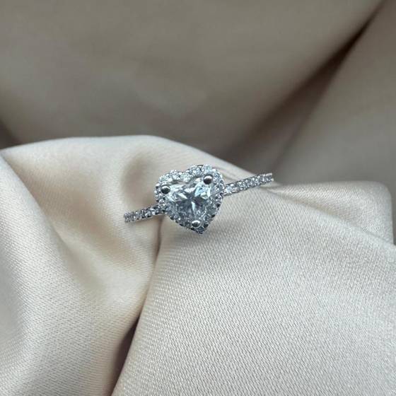 0.75ct SI2/G Natural Heart Cut Diamond Halo Engagement Ring in 18k White Gold