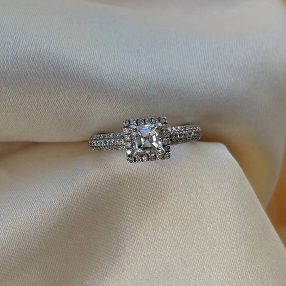 0.49ct VS1/E Asscher Cut Natural Diamond Halo Shoulder Set Ring