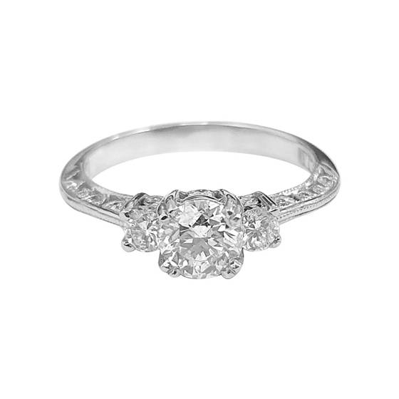 GIA Certified 1.00ct SI2/D Natural Round Diamond Trilogy Vintage Ring in Platinum