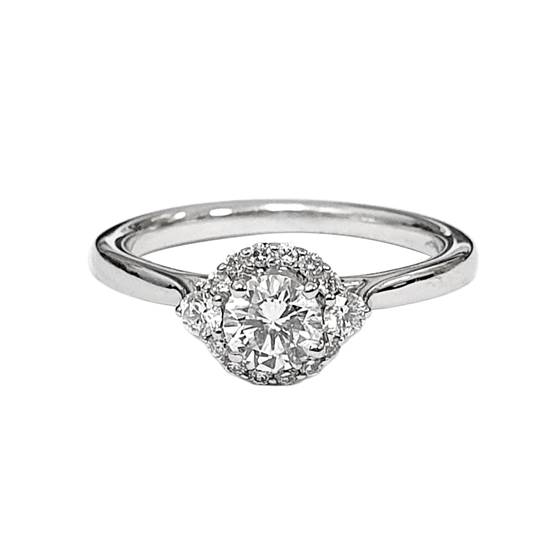 0.50ct VS1/E-F Shoulder Set Halo Natural Round Cut Diamond Ring in 18k White Gold