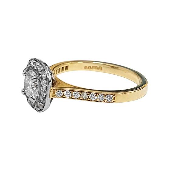 0.91ct SI2/F Natural Round Diamond Halo Shoulder Set Engagement Ring in 18k Yellow/White Gold