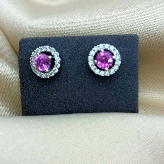 1.50ct VS/E-F Round Cut Pink Sapphire Gemstone Halo Earrings in 18k White Gold