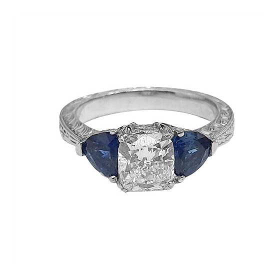2.11ct VS1/E Cushion and Blue Sapphire 3 Stone Ring in Platinum