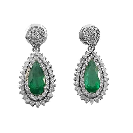 3.13ct VS/F-G Pear Cut Emerald Gemstone Double Halo Earrings in 18k White Gold