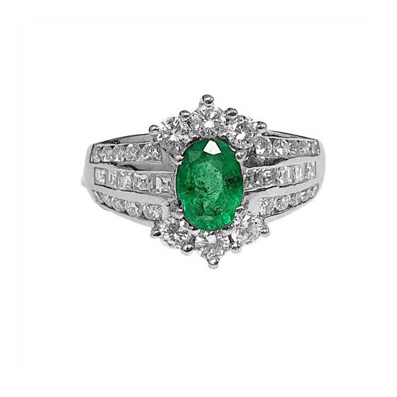 1.60ct VS/F-G Emerald Gemstone and Oval Cut Natural Diamond Designer Ring