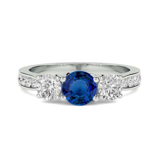1.30ct SI/F-G Round cut Blue Sapphire Gemstone Trilogy Ring in Platinum