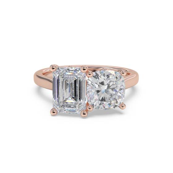 Emerald and Cushion Two Stone Diamond Ring