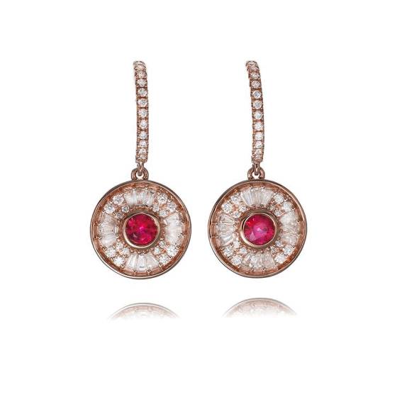0.75ct Ruby and Diamond Bezel Set Art Deco Inspired Drop Earrings