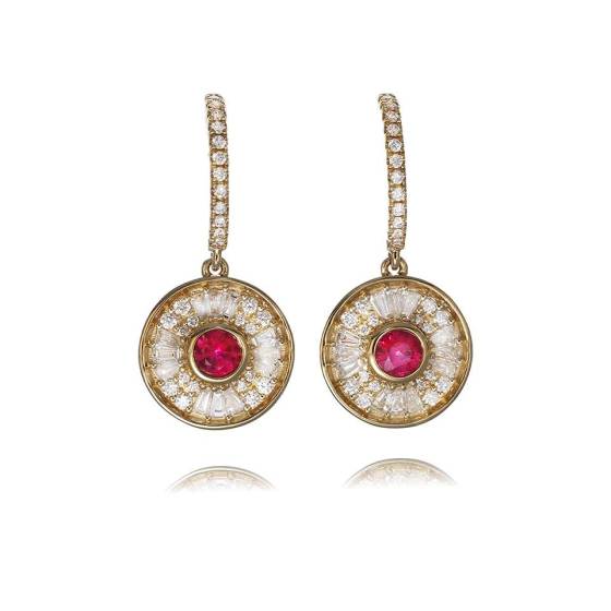 0.75ct Ruby and Diamond Bezel Set Art Deco Inspired Drop Earrings