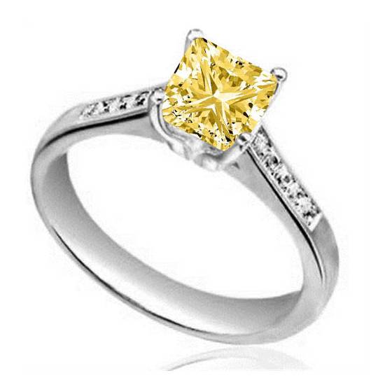 1.31ct I2/FLY Natural Princess Fancy Yellow Diamond Shoulder Set Ring in Platinum