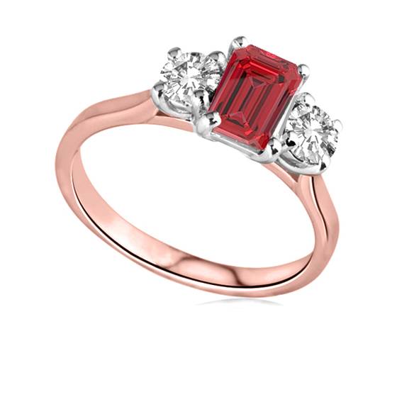 Emerald Cut Ruby Gemstone and Round Side Diamonds Trilogy Ring