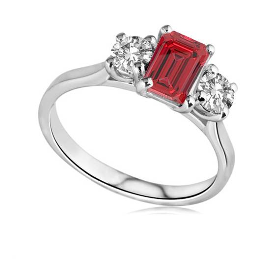 Emerald Cut Ruby Gemstone and Round Side Diamonds Trilogy Ring