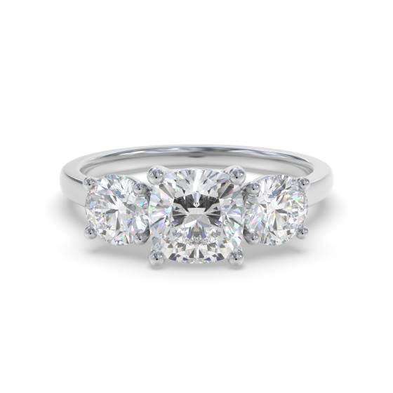 Modern Cushion and Round Diamond Trilogy Ring