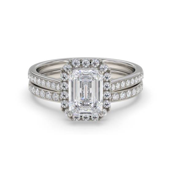 Emerald Diamond Halo Bridal Set