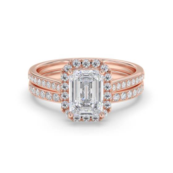Emerald Diamond Halo Bridal Set