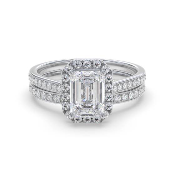Emerald Diamond Halo Bridal Set
