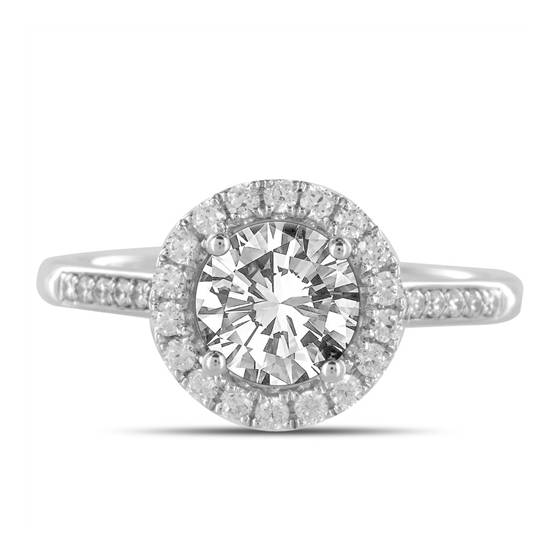 0.75ct VS2/G Natural Round Diamond Single Halo Shoulder Set Ring in 18k White Gold