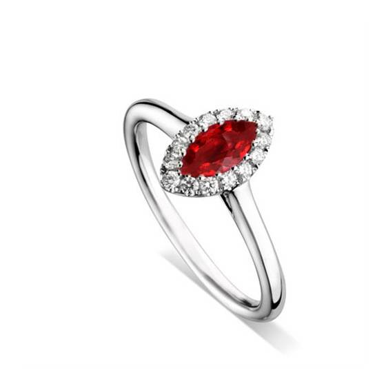0.75ct VS/F-G Natural Marquise Ruby and Diamond Halo Ring in Platinum