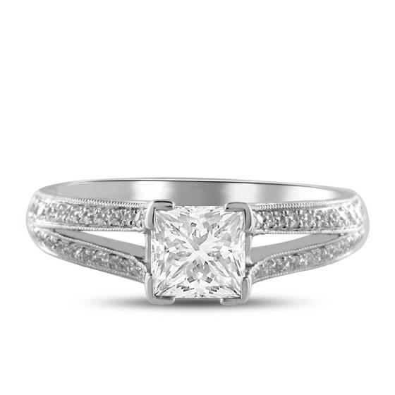 0.85ct SI2/G Lab Grown Princess Diamond Shoulder Set Ring in 18k White Gold