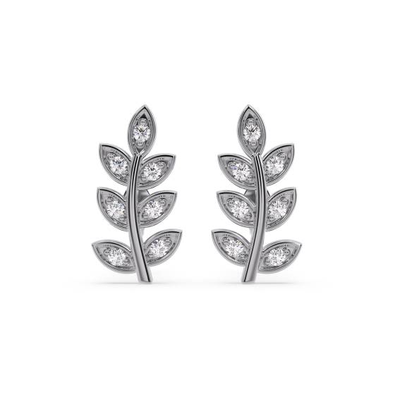 Round Cut Diamond Set Leaf Stud Earrings