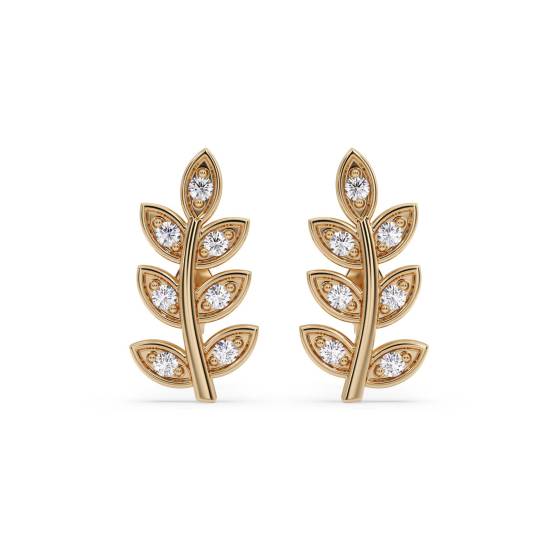 Round Cut Diamond Set Leaf Stud Earrings