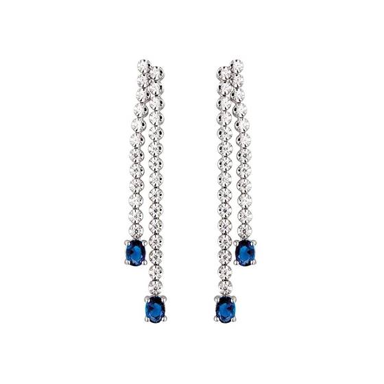 1.00ct VS/F-G Double Row Drop Earrings Diamond and Blue Sapphire
