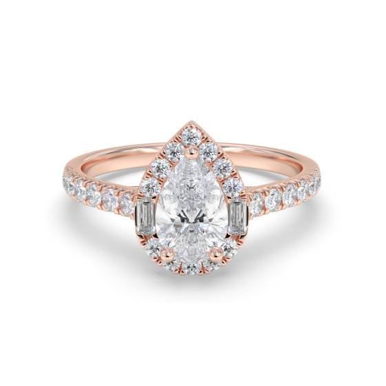 1.00ct Pear Diamond Halo Round and Baguette Shoulder Set Ring