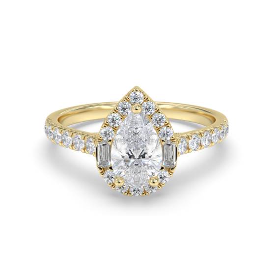 1.00ct Pear Diamond Halo Round and Baguette Shoulder Set Ring