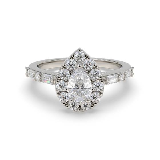 0.75ct Pear Diamond Halo Baguette and Round Shoulder Set Ring