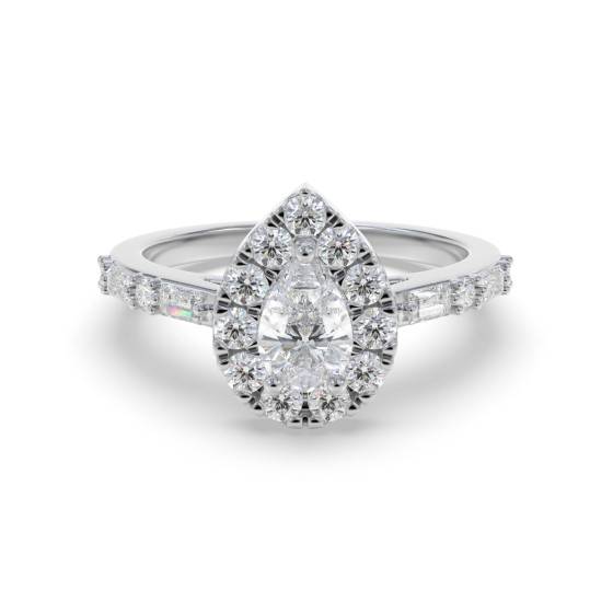 0.75ct Pear Diamond Halo Baguette and Round Shoulder Set Ring