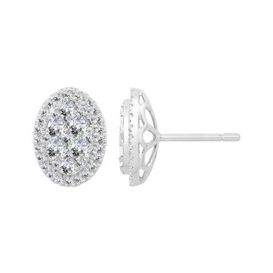 1.02ct VS/E-F Natural Oval Cut Diamond Cluster Earrings in 18k White Gold