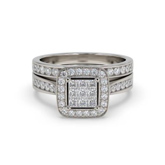 Single Halo Princess Diamond Cluster Bridal Set