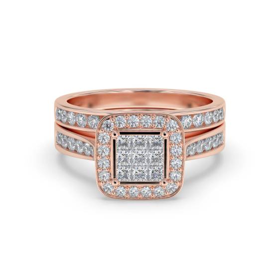 Single Halo Princess Diamond Cluster Bridal Set