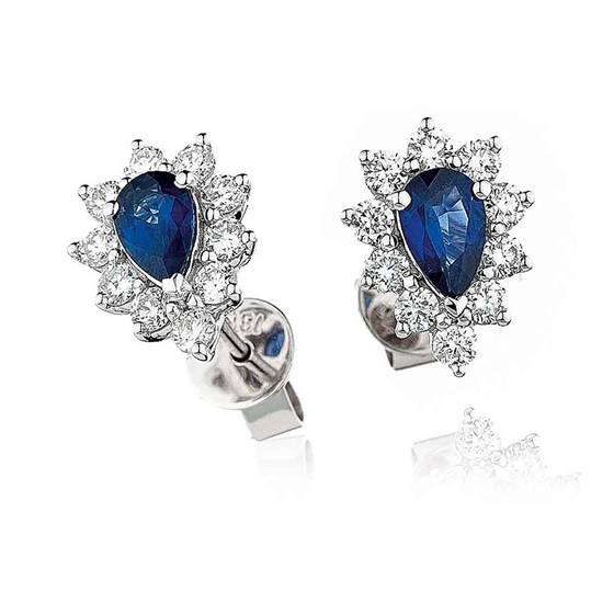 1.45ct VS/E-F Blue Sapphire and Natural Diamond Earrings in 18k White Gold