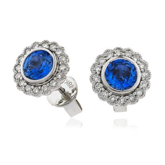 1.30ct VS/F-G Natural Round Blue Sapphire and Diamond Cluster Earrings in 18k White Gold