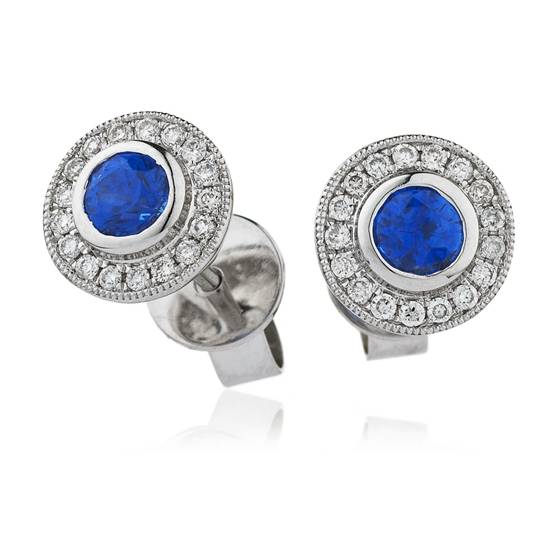 0.50ct VS/F-G Natural Round Blue Sapphire Diamond Earrings in 18k White Gold